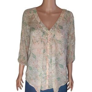 Lauren Conrad Women's Blouse Peach Green Floral Size L Semi Sheer Fairy